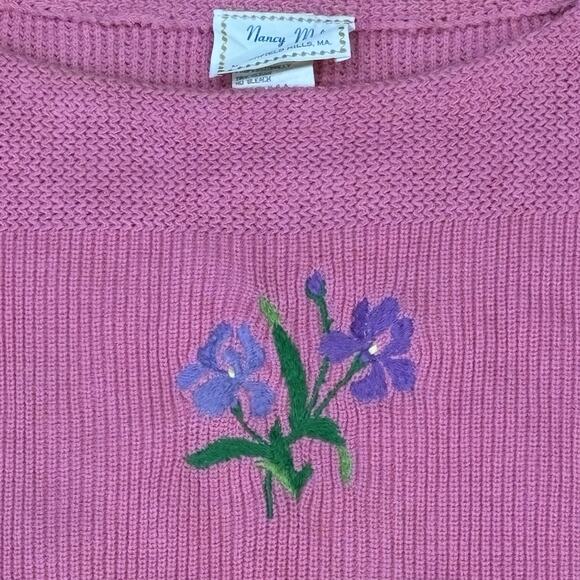 Vintage Pink Floral Embroidered Sweater 100% Cotton Nancy Miles USA Cottage - Picture 3 of 5